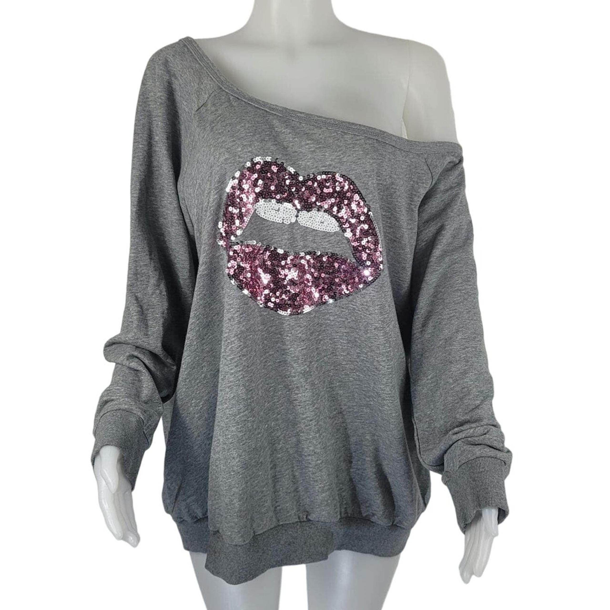 Torrid Heathered Gray Sequined Lips Off the Shoulder Winter Sweatshirt 3