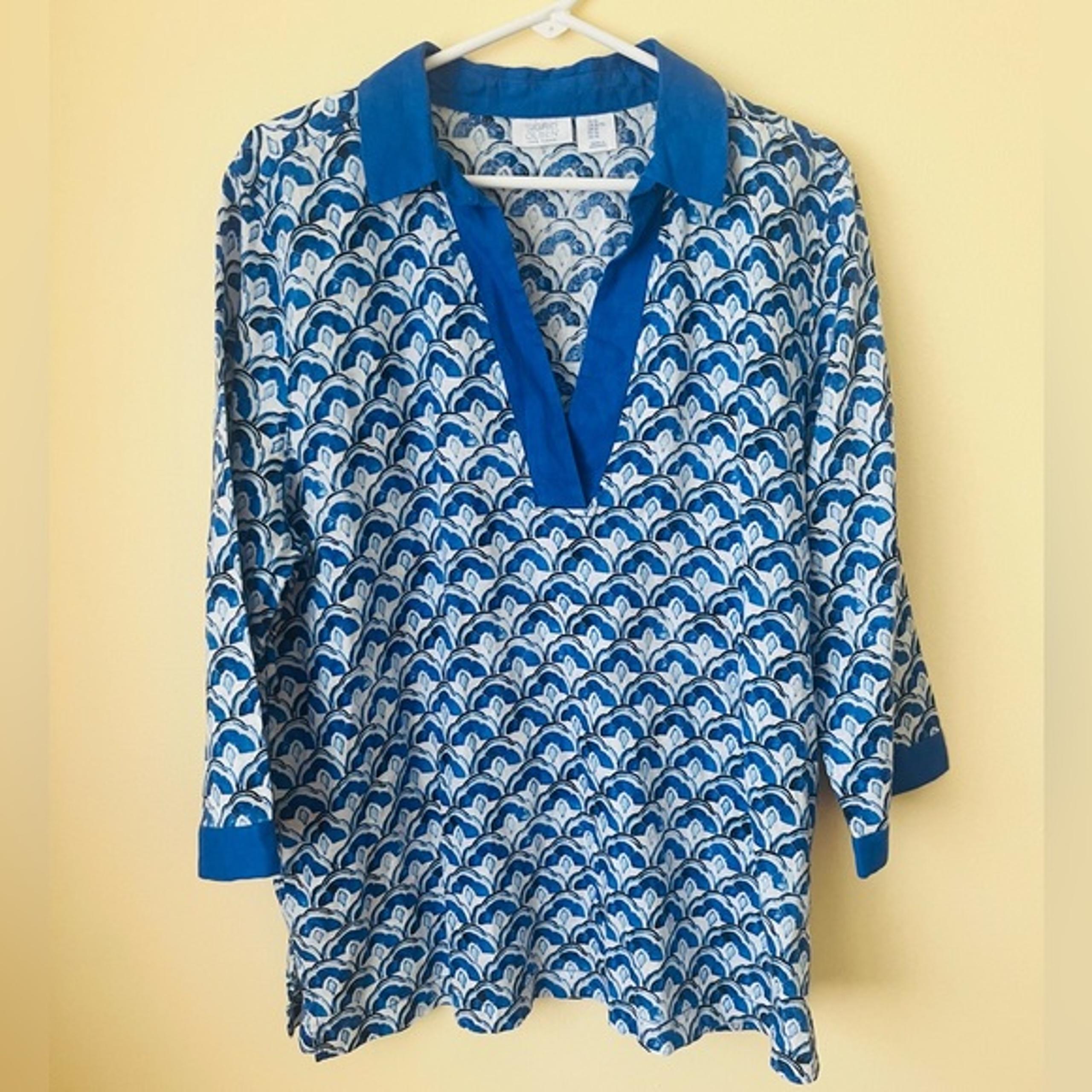Sigrid Olsen linen blue tunic top printed XL