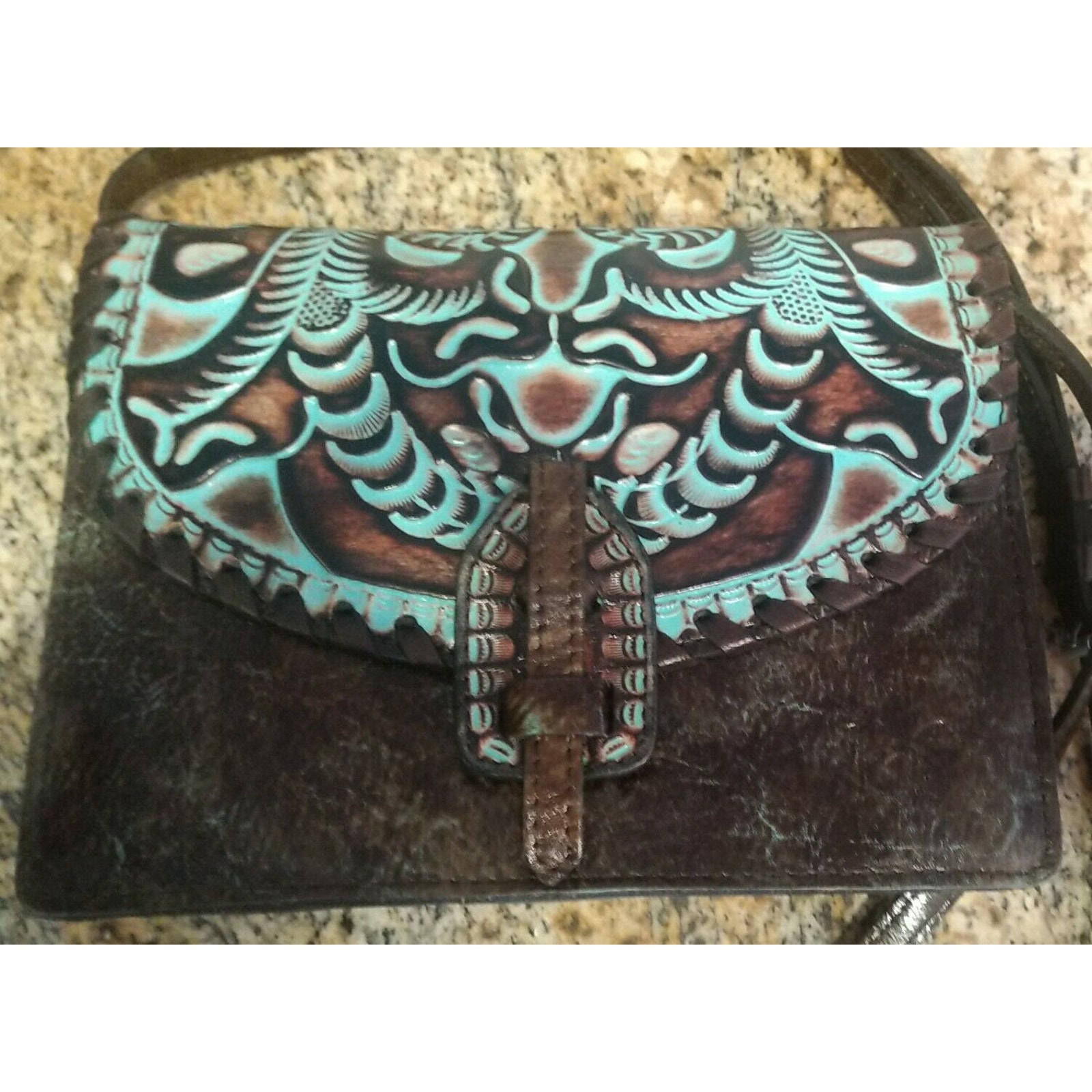 Patricia Nash tooled turquoise and brown Poppy Leather Crossbody Purse 250 EUC