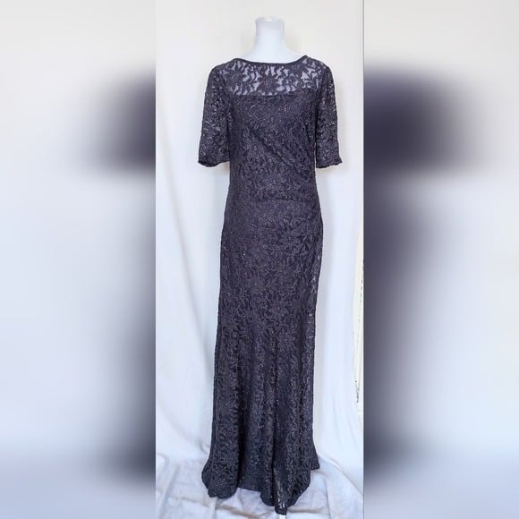 One By Eight 3/4 Length Sleeve Lace Overlay Gray Evening Dress Size 8 NWT