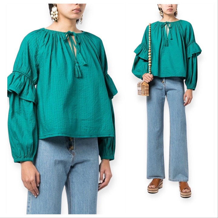 Ulla Johnson Concetta Cotton Blouse, Size 2, Color Verdigris, puff sleeves, NWT