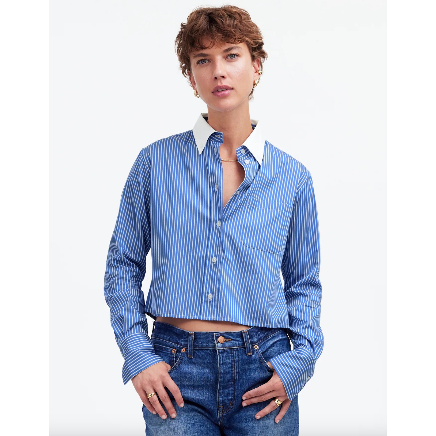 Madewell Relaxed Button Up Shirt Striped Cropped Blue Minimalist Preppy S NWT