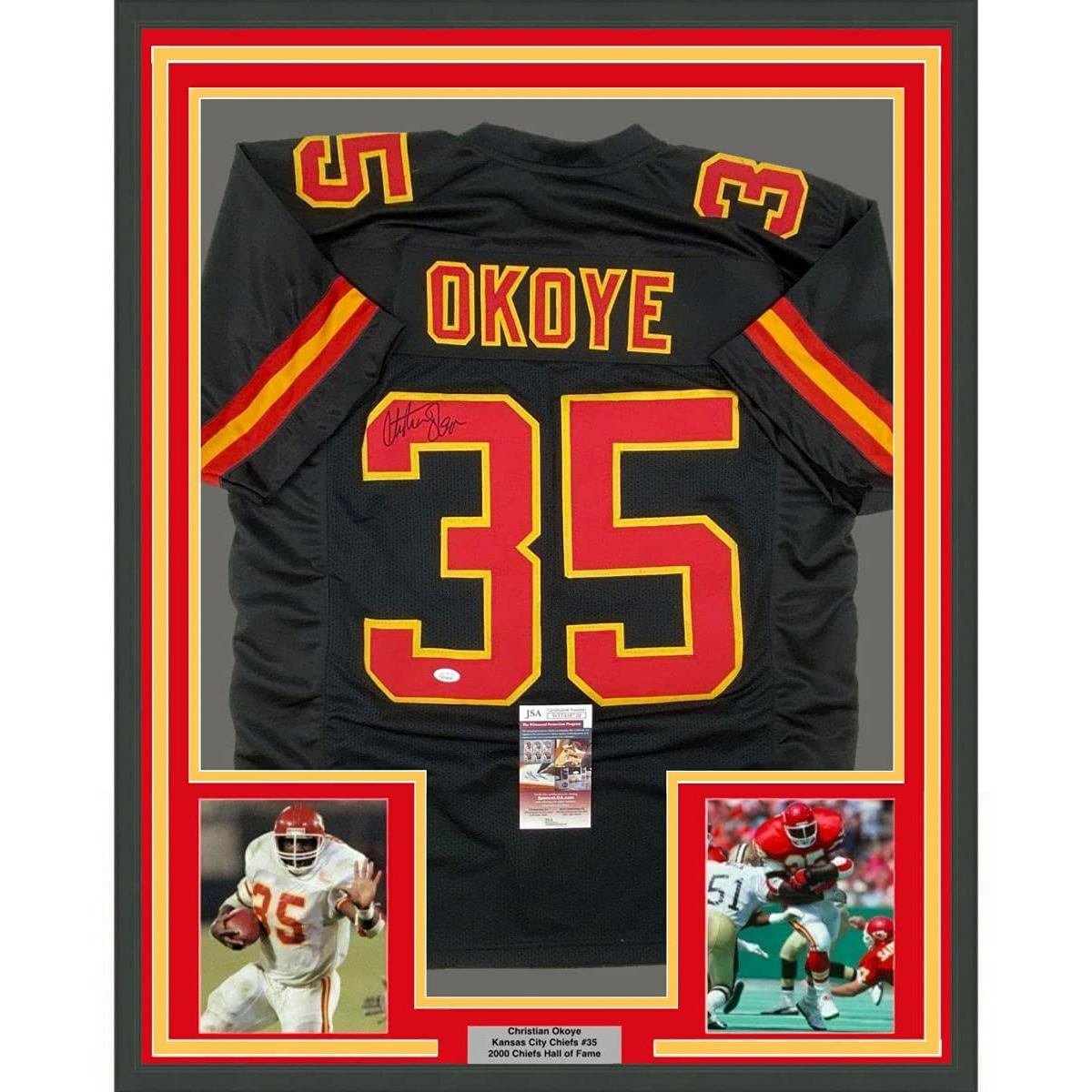 Framed Autographed/Signed Christian Okoye 35x39 Kansas City Black Jersey JSA COA