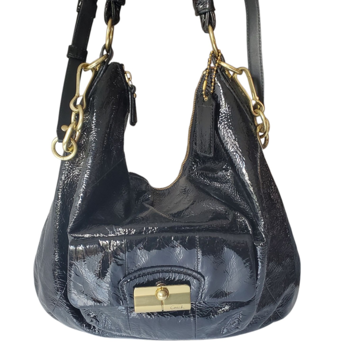 Coach Kristin Black Wrinkle Patent Hobo Handbag Shoulder Bag Purse Brass Large