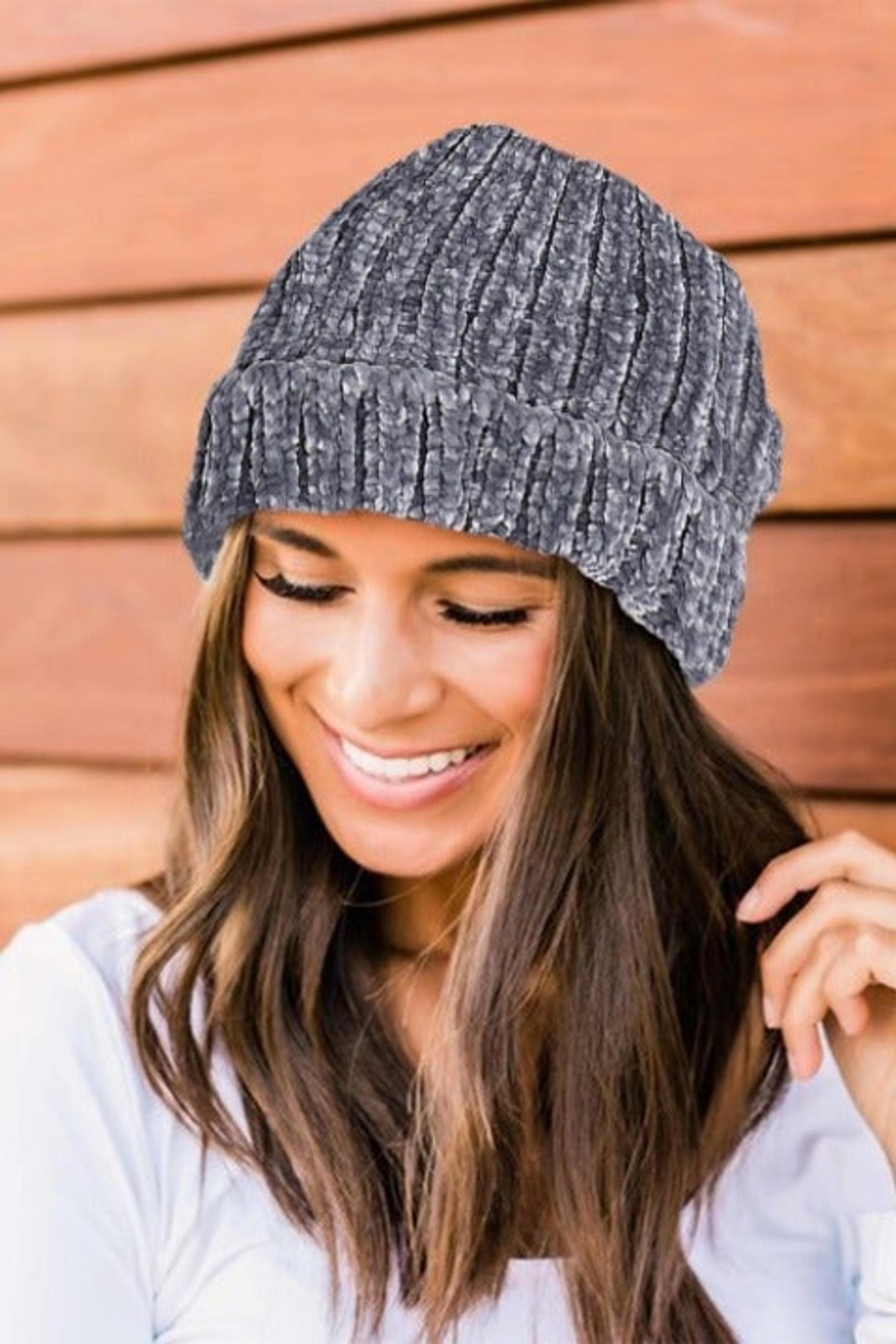 Grey Chenille Beanie Women Hat
