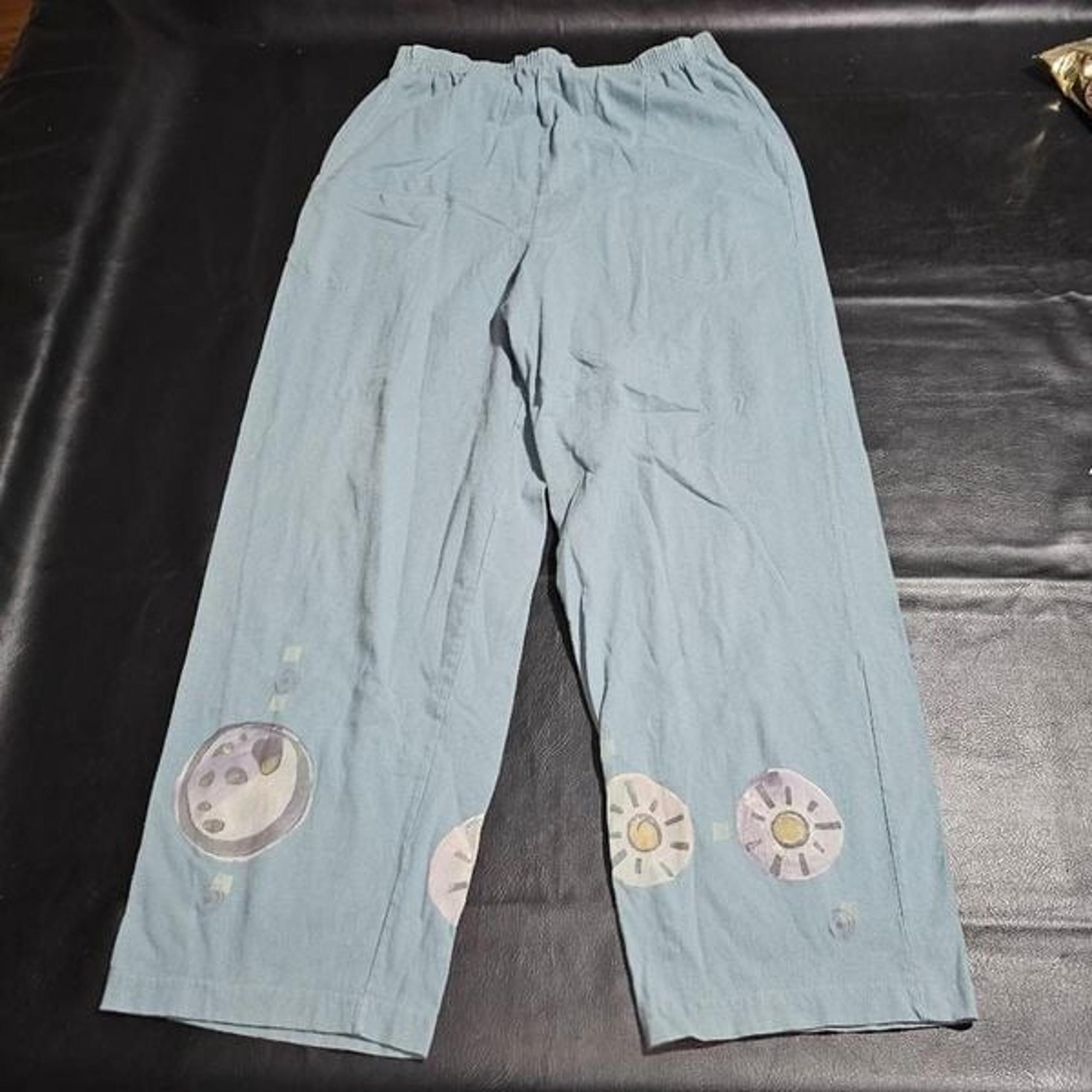 Blue Fish Womens Green Hand Painted Stretch Pants Lagenlook 1 16