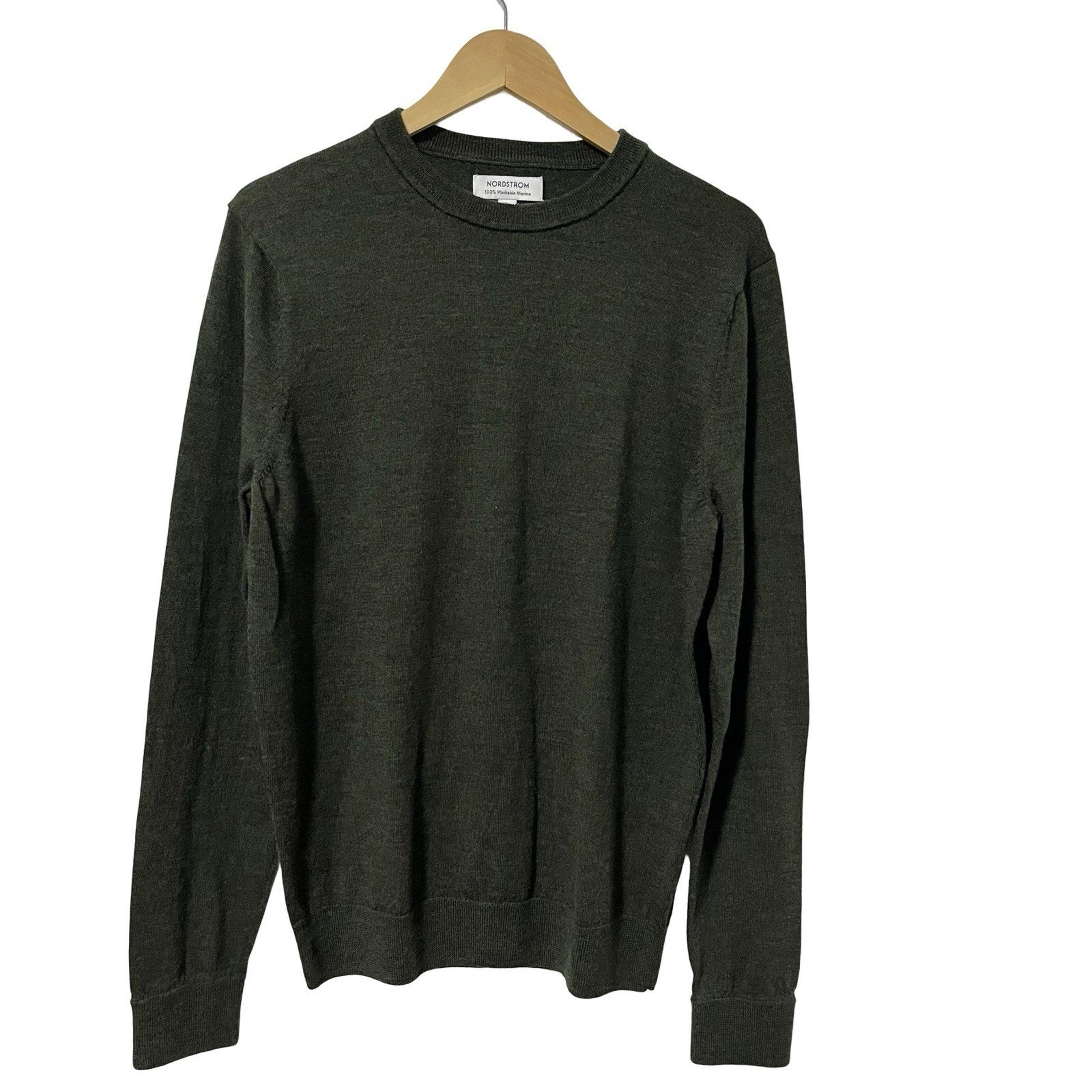 Nordstrom Mens Crew Neck Washable Merino Wool Sweater Size L Green Preppy Luxury