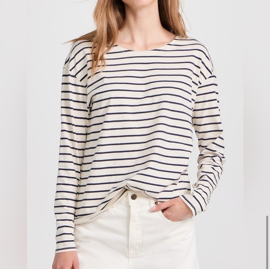 Nili Lotan Arlette Long Sleeve Blue White Stripe Shirt Size Medium Cotton Ivory