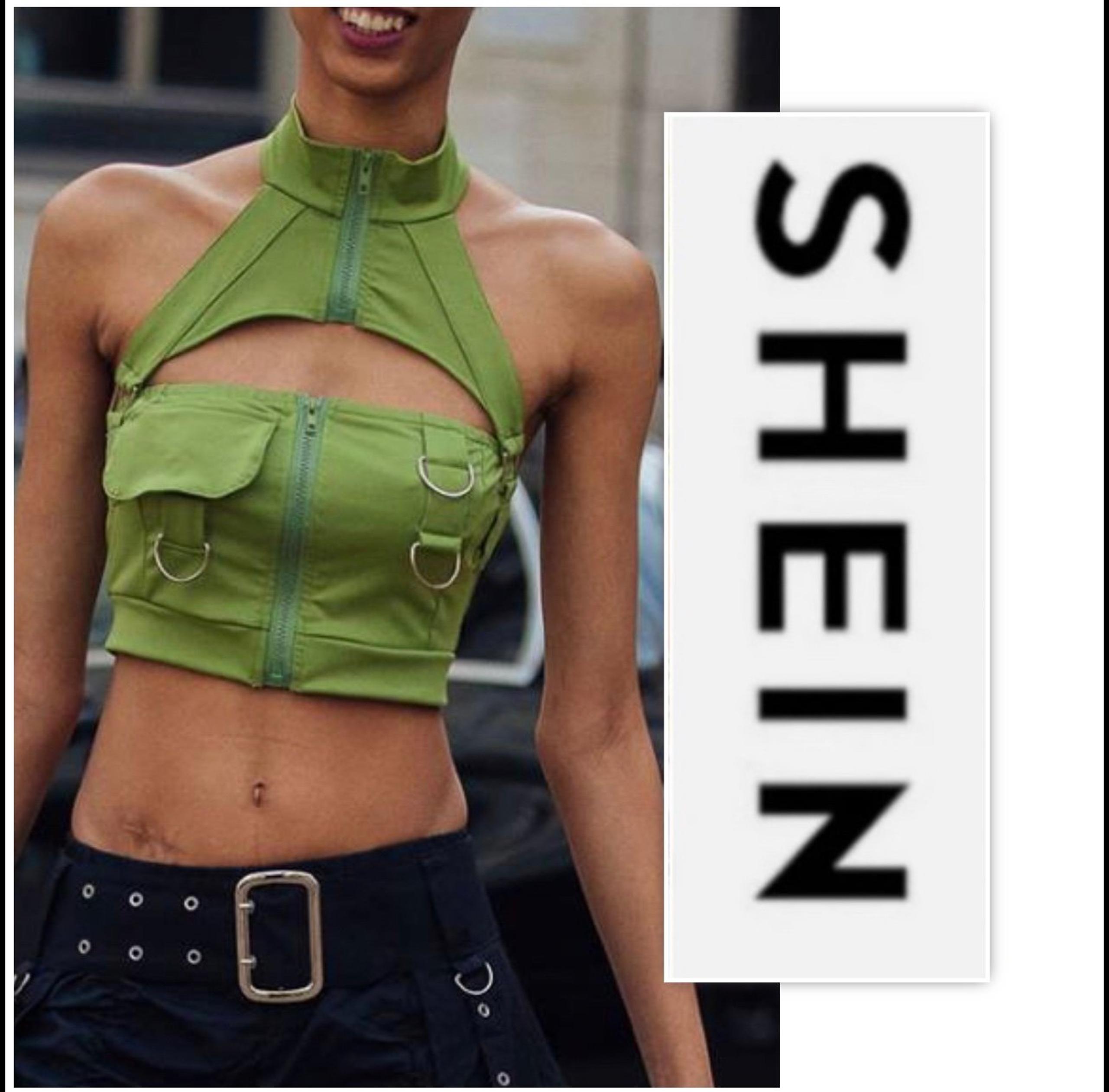 SHEIN ICON Green Open Back Peekaboo Front Ring And Flap Detail Halter Top