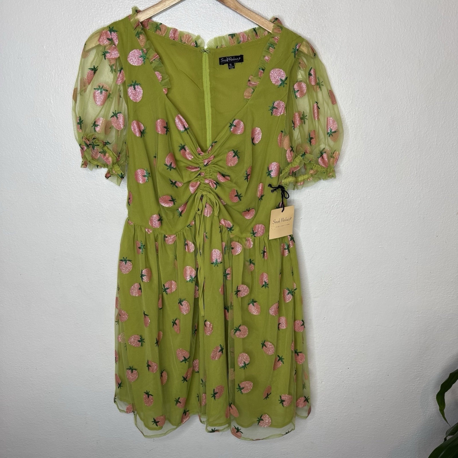 New Unique Vintage Smak Parlour Strawberry Print Avocado Flare Dress Women's XL