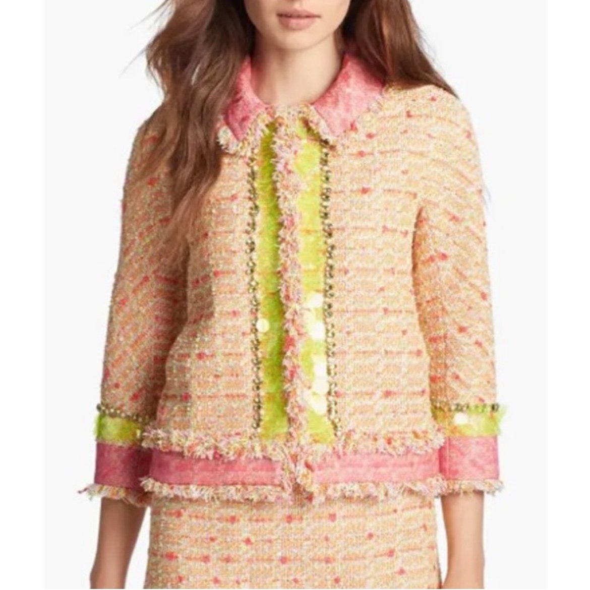 Kate Spade Milla Neon Pink Tweed Bouclé Embell Mesh Fringe Skirt Jacket Suit 10