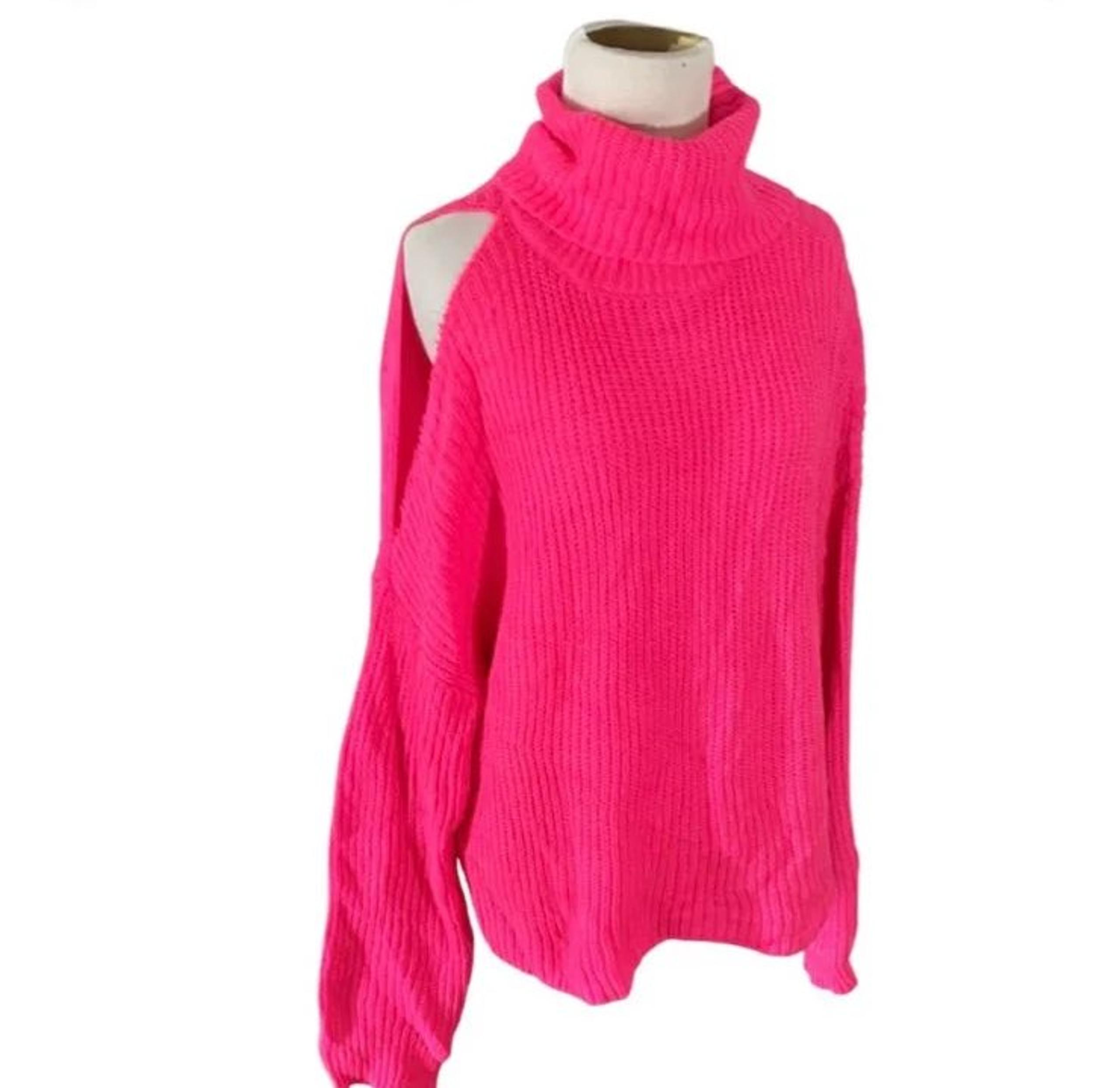 SO Hot Pink Open Shoulder Turtleneck Sweater