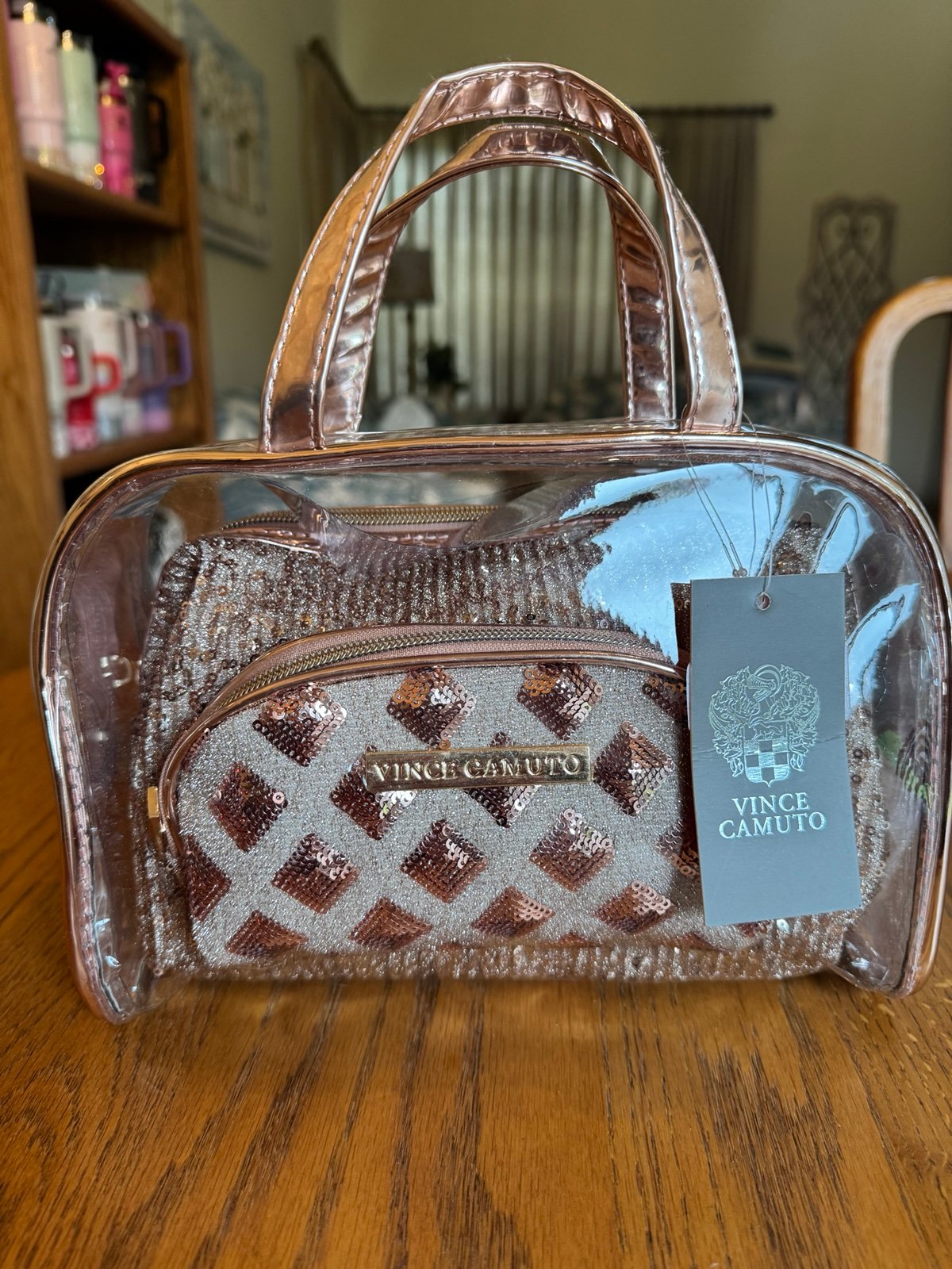 Vince Camuto rose gold sparkle 3 piece cosmetic toiletry make up travel bag set.