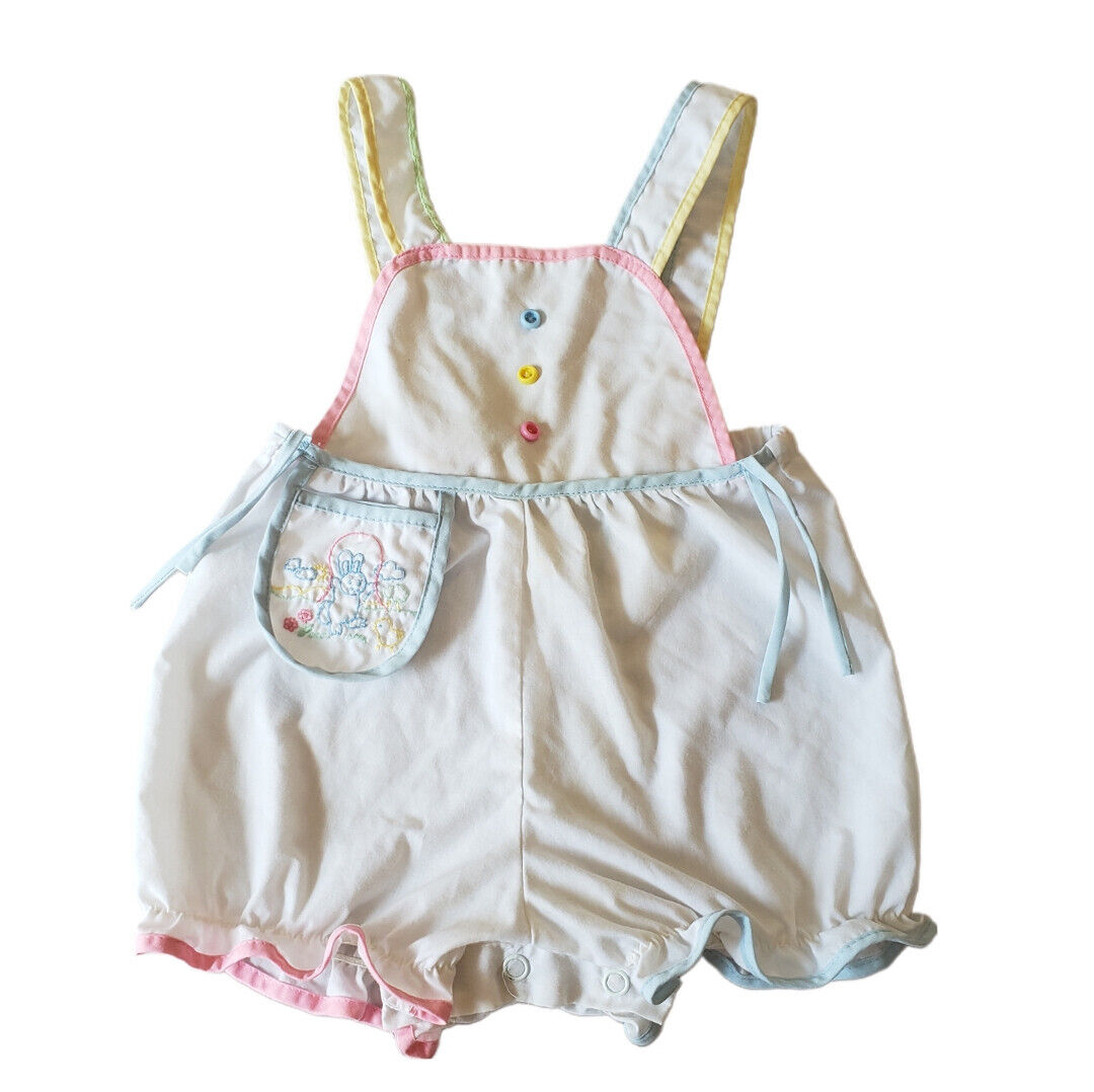 18M Baby Girl Vintage 80s Bunny Pastel Multicolor Bubble Overall Romper