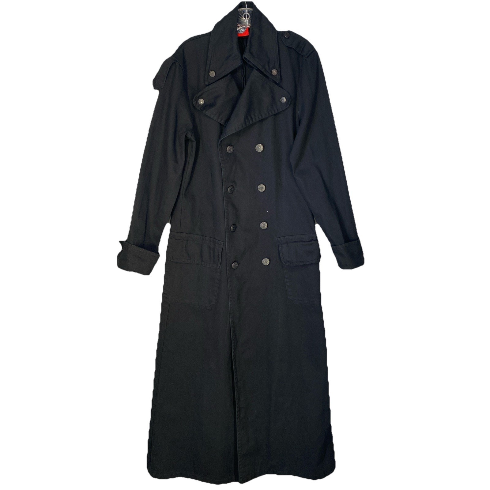 Vtg Red Balls on Fire Black Denim Trench Coat USA Small Goth Matrix Punk Unisex