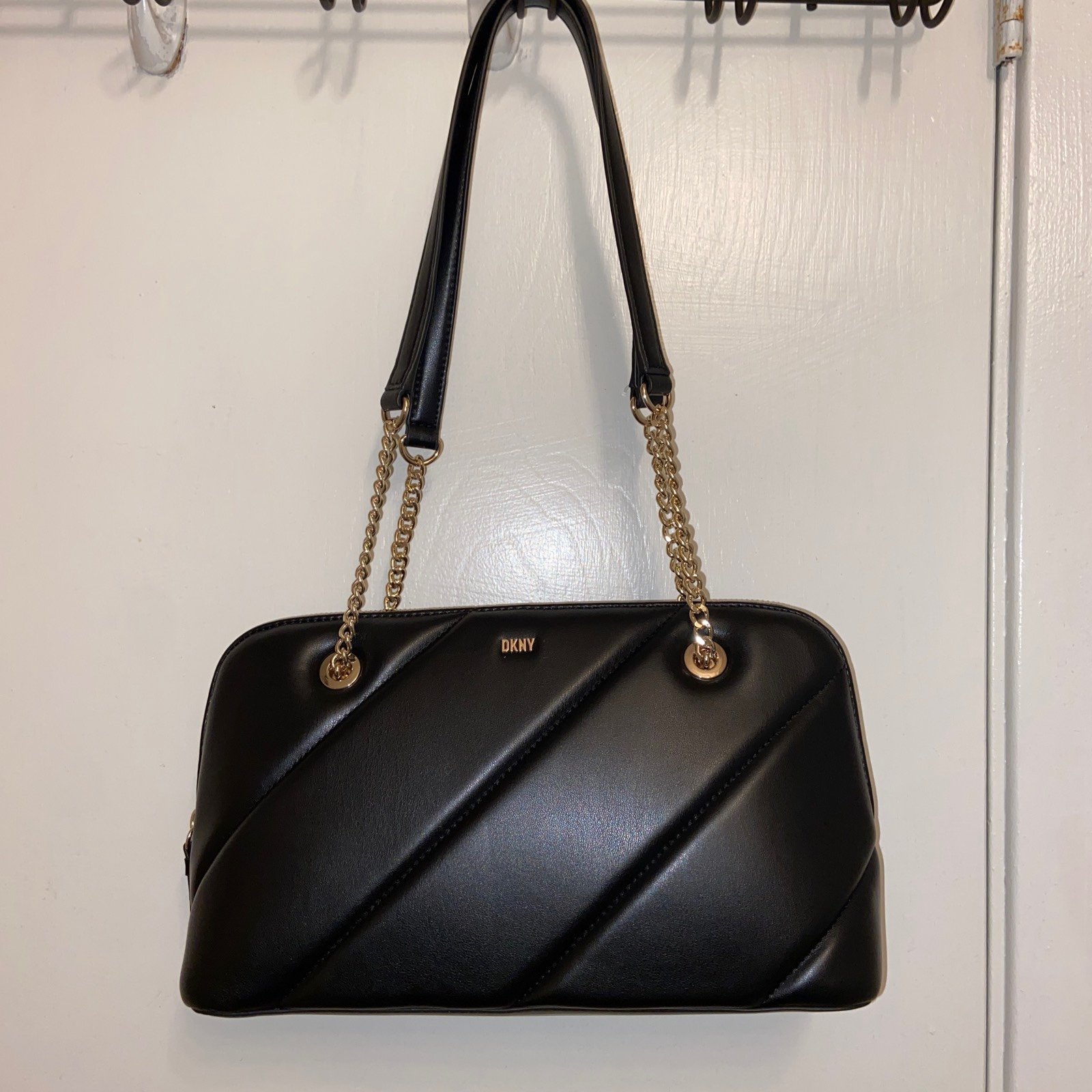 NWT DKNY Bryant Park Top Zip Satchel Shoulder Bag Logo Black Chain