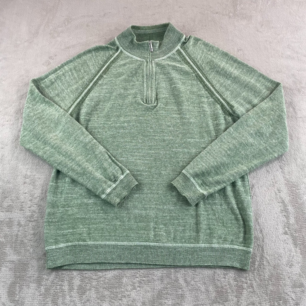 Tommy Bahama Sandy Bay Reversible Half-Zip Sweater Men Large Green Linen Blend