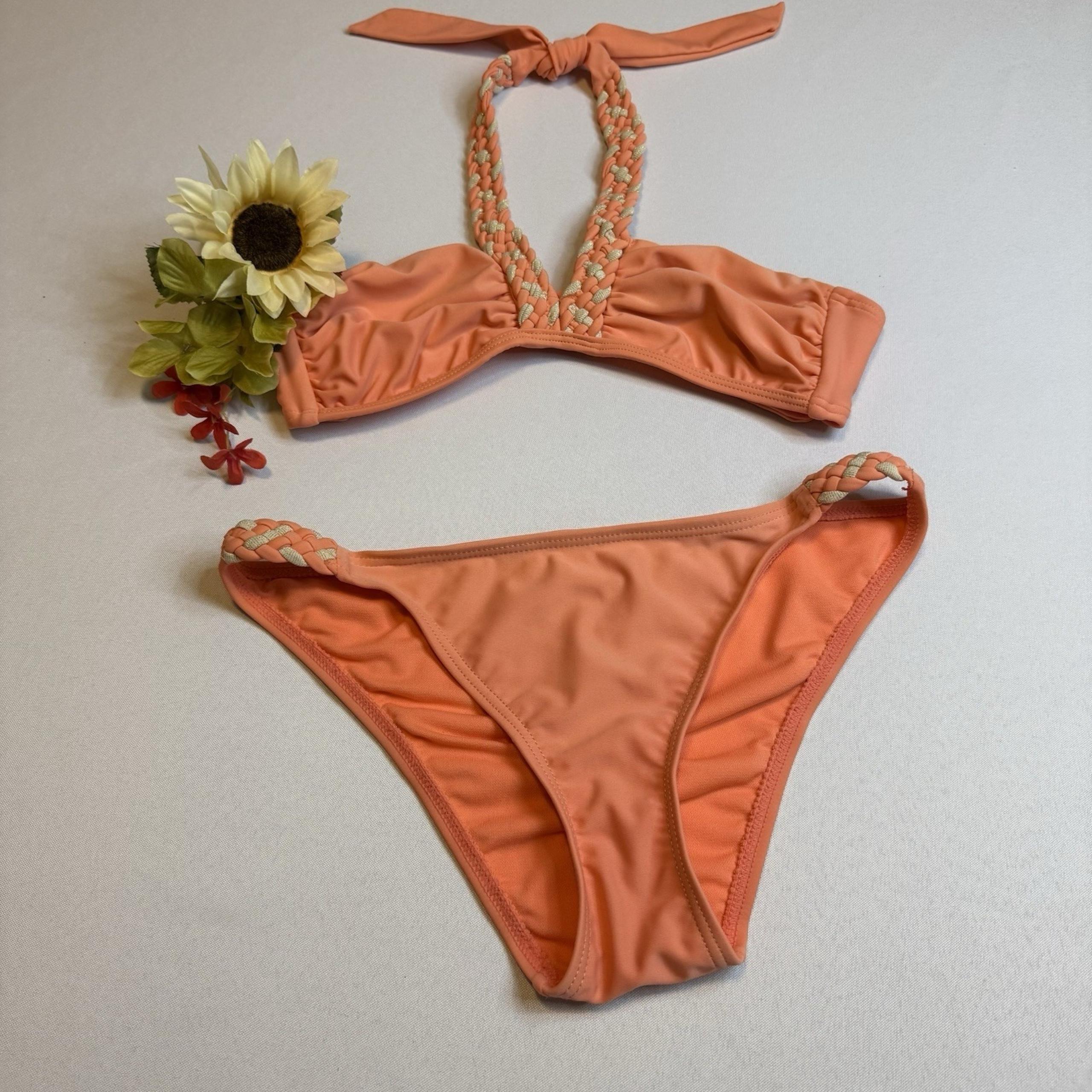 Xhilaration 2 Piece Coral & Gold Braided Swimsuit Bathing Suit Size Medium