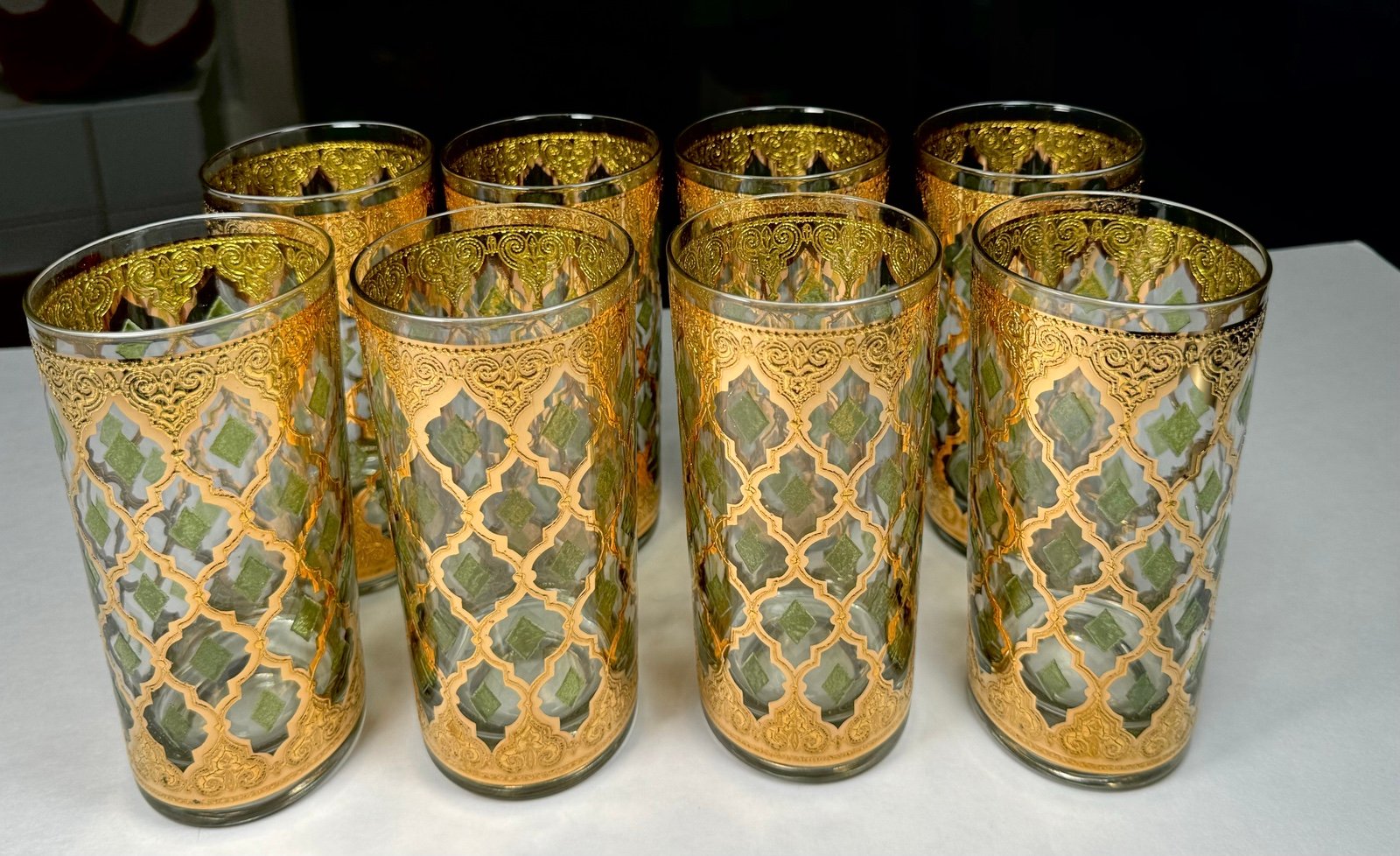 8 Culver Valencia Highball Glasses 22K Gold & Green Diamond Pattern MCM Rare Exc