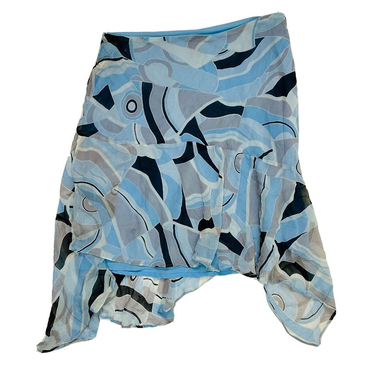 Vintage Womens Large Silk Gauzy Handkerchief Hem Geometric Skirt Blue