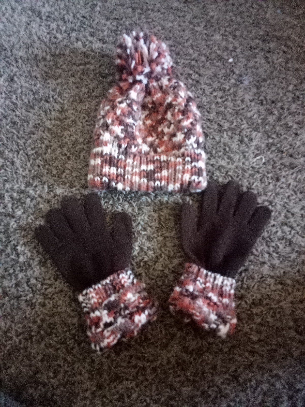Hand Crochet Hat & Matching Gloves In Orange Brown & White