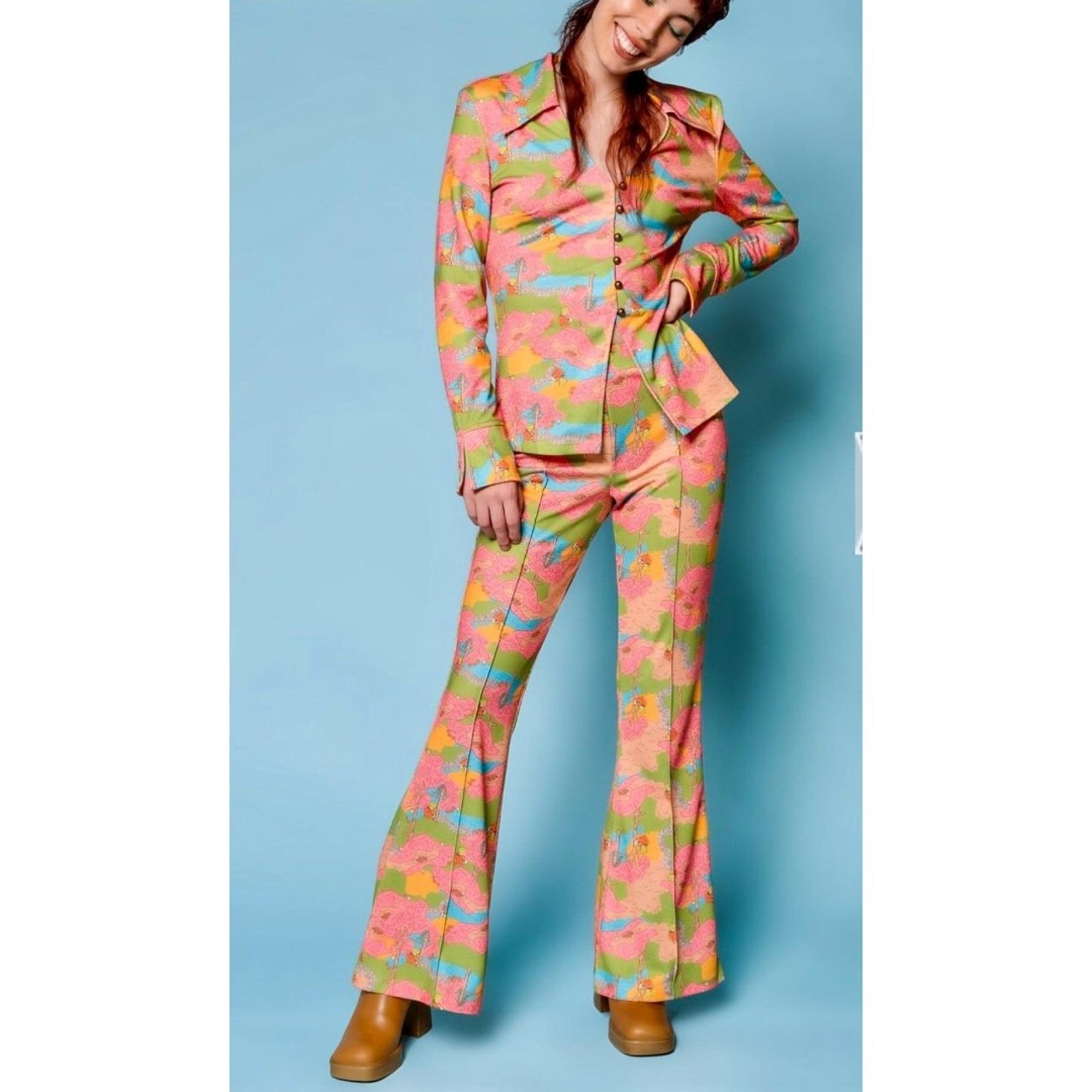 UNIQUE VINTAGE 2X 2pc Pantsuit Walk in the Park Pink/Green Flare Leg Groovy 70's