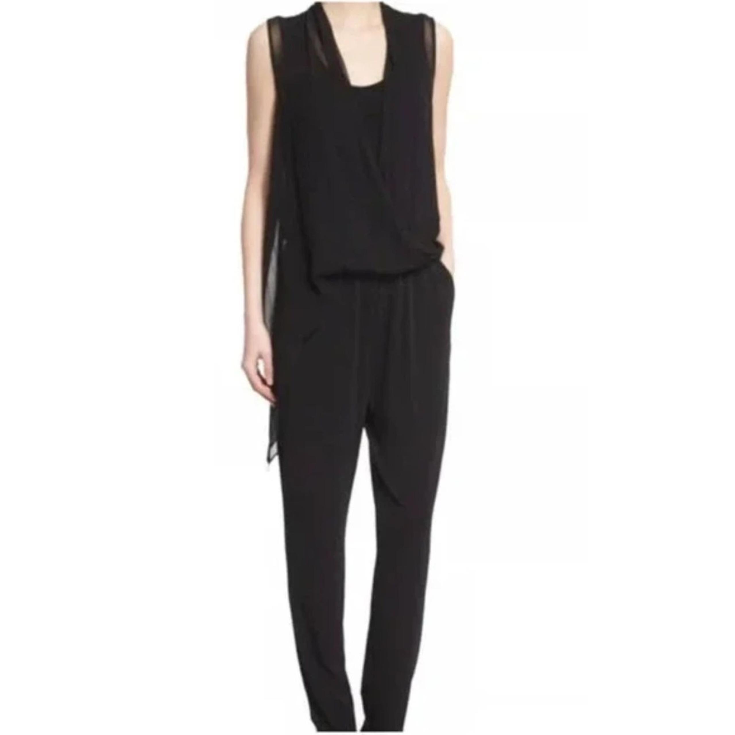 Kobi Halperin Women's Black Sleeveless Surplice Silk Train Jumpsuit Small