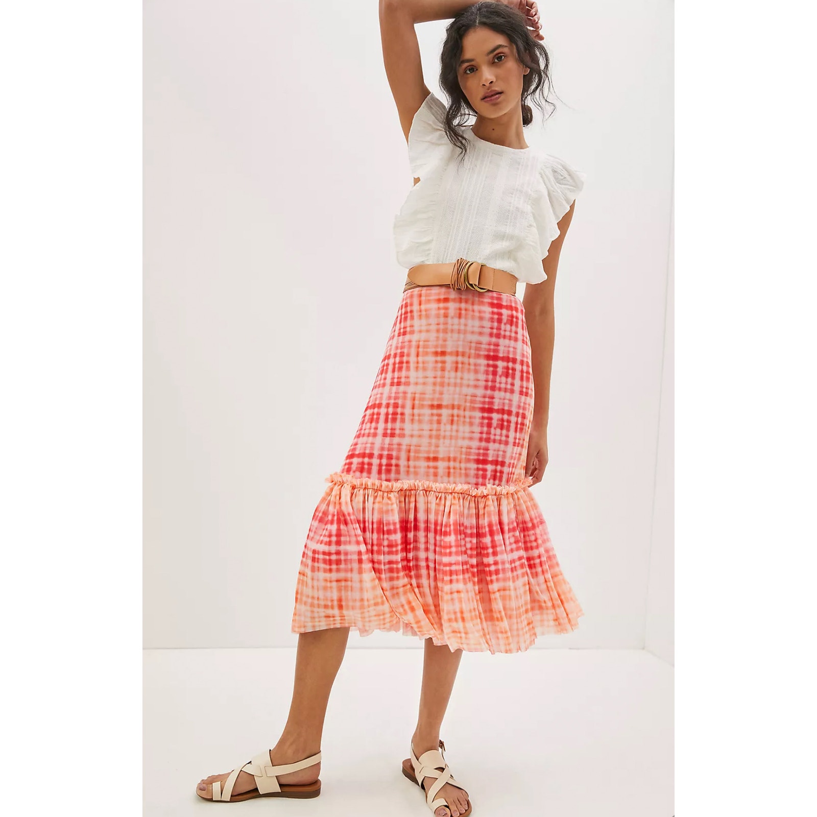ANTHROPOLOGIE EVA FRANCO Kym Flounced Midi Skirt pink Tiedye XS