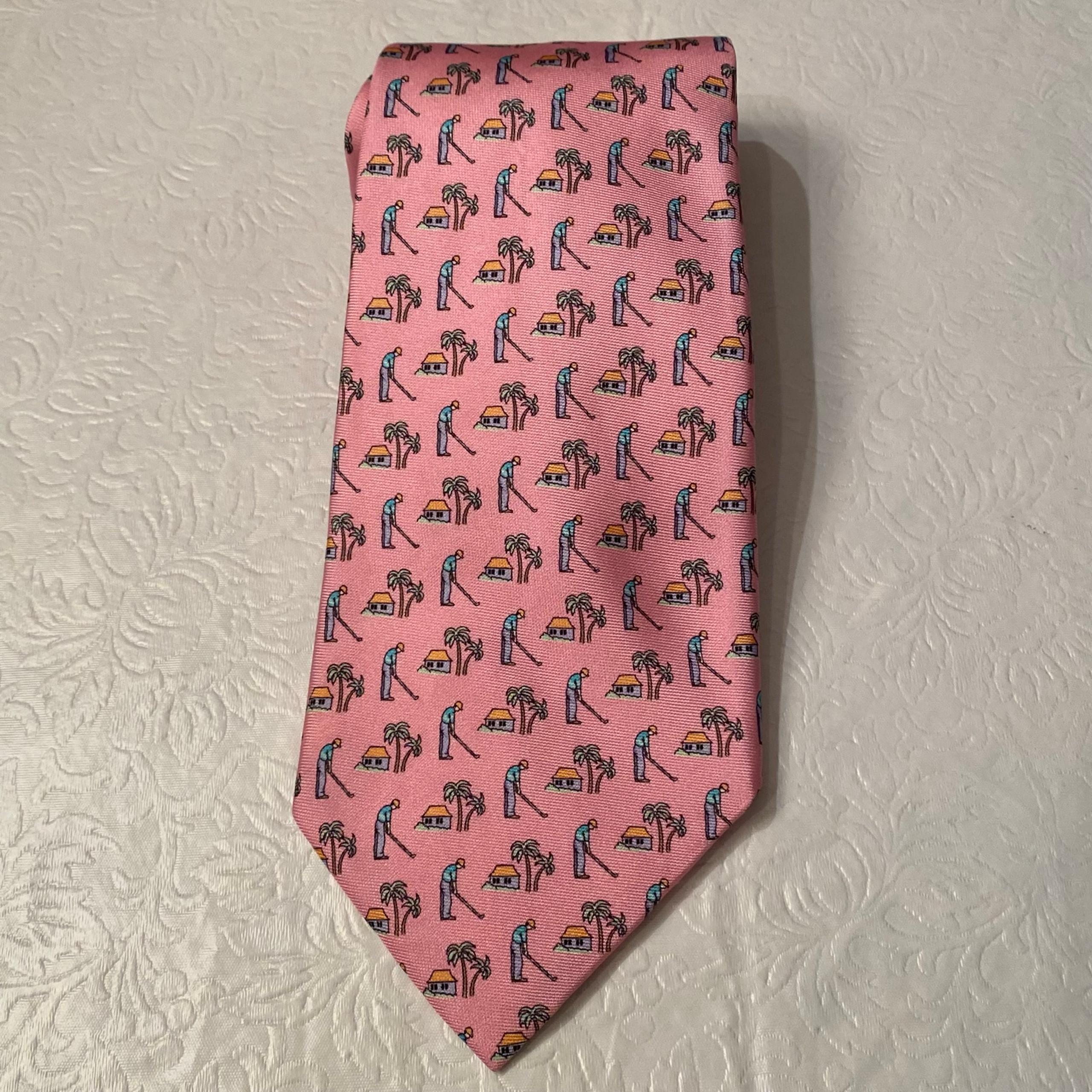 Bobby Jones Collection Men’s Tie- Golfer- Pink- 100% Silk Tie