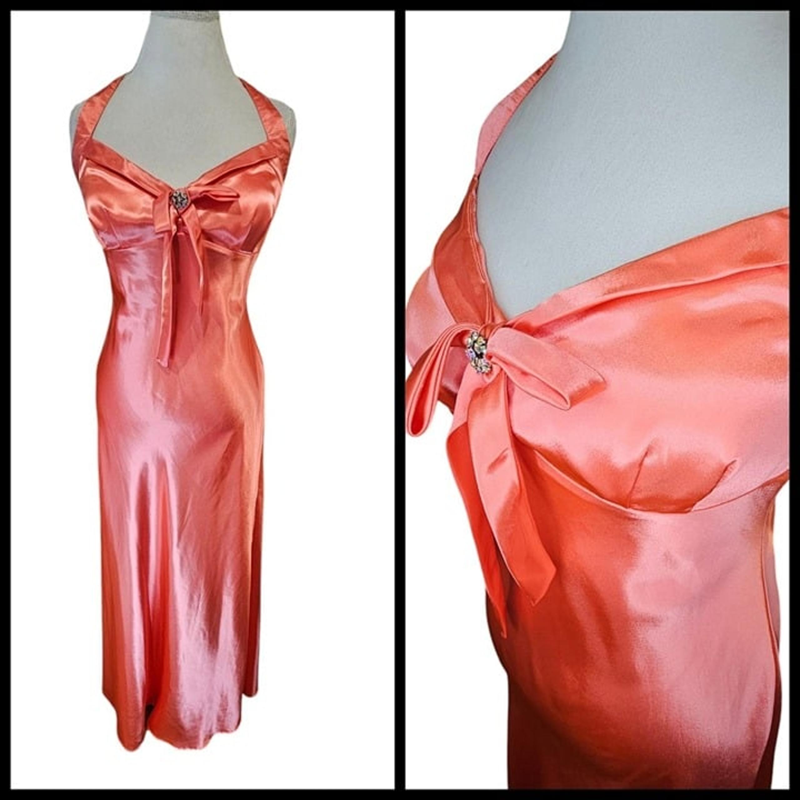 Y2K Pink Coral Babydoll Formal Slip Dress Halter Satin Sz 8 Tall Hollywood Glam