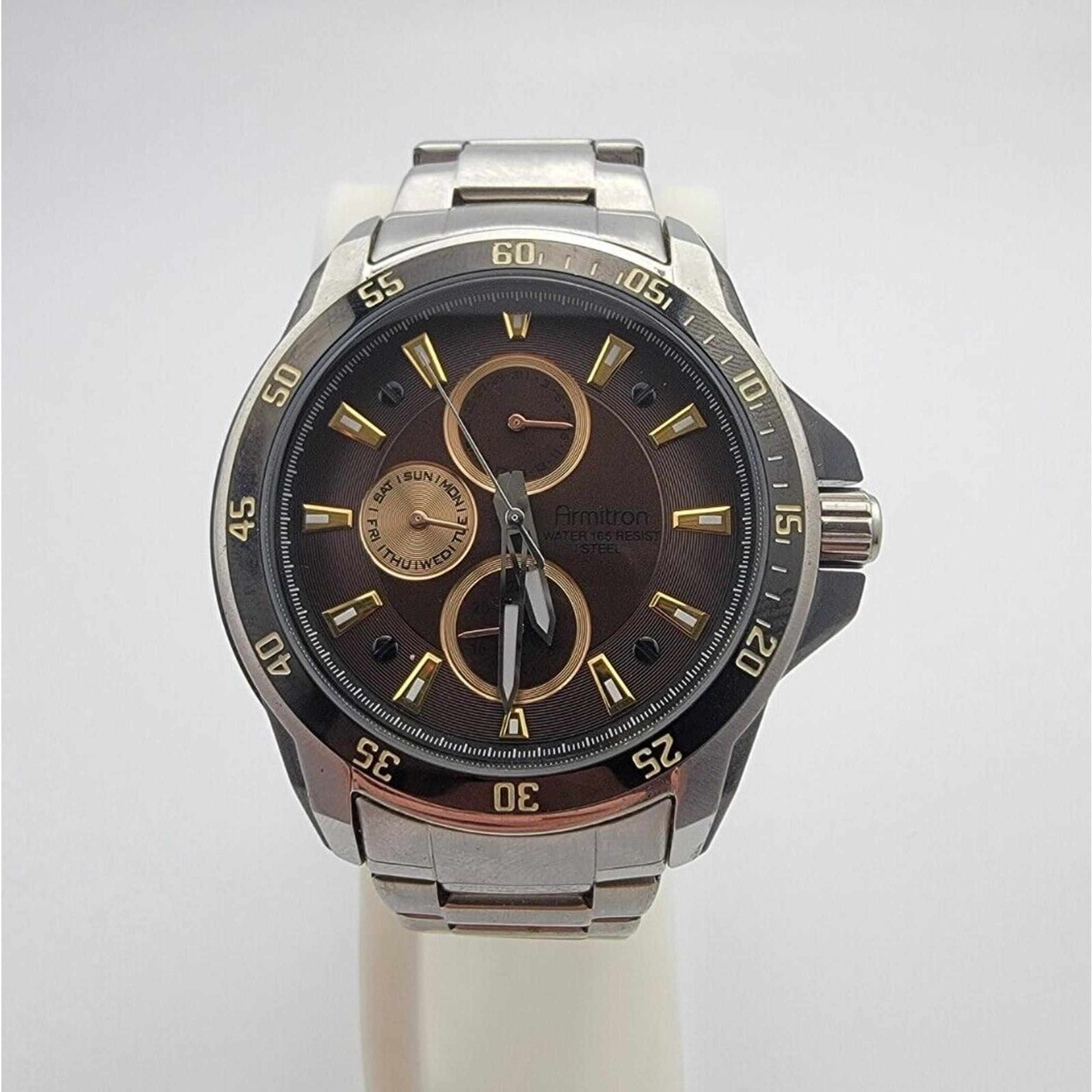 Men's Armitron 20/4838SV Multifunction Brown Dial SS Quartz Watch New Battery