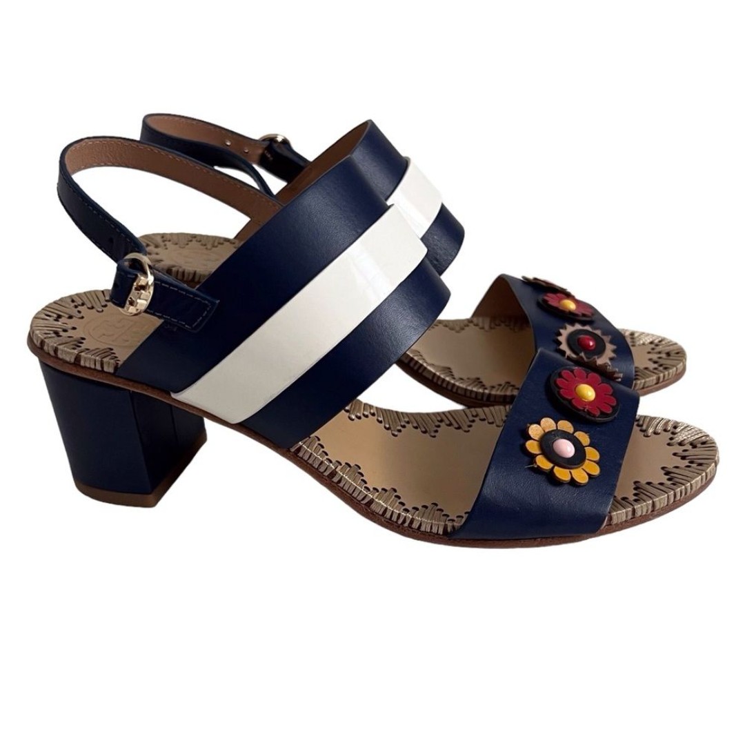Tory Burch Marguerite Two Band Sandal Navy White Flower Boho Block Heel Size 6.5
