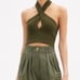 BALMAIN Twisted-Halterneck Stretch-Knit Cropped Top in Olive Green Size 42 NWT