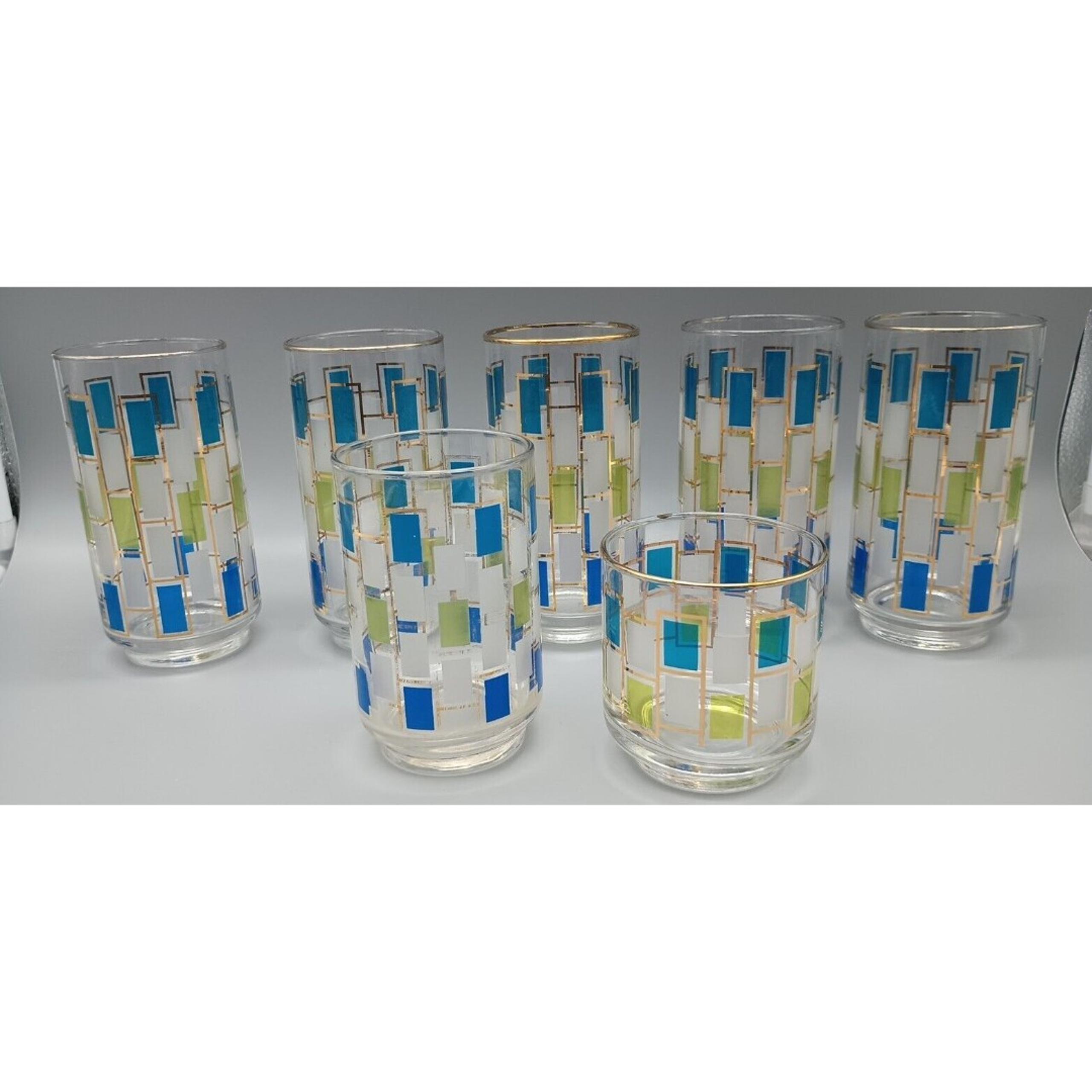 Vintage Libbey Nordic Tumblers Juice Rocks Lot Of 7 Turquoise Green Gold