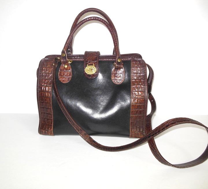 Brahmin Satchel Croc Embossed Black Brown Detachable Shoulder Strap Doctor Bag