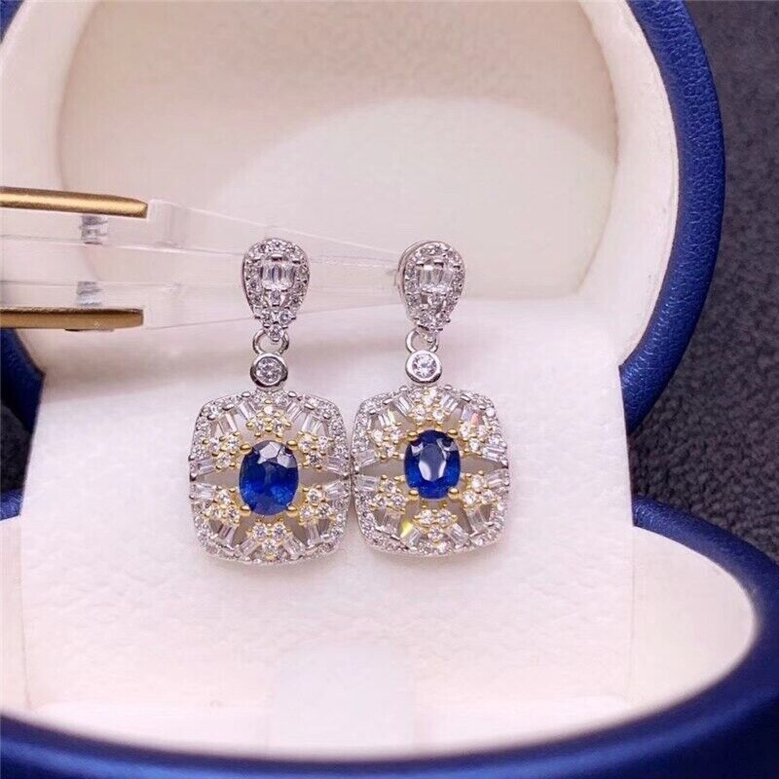 Blue Sapphire Square Drop Earrings, VVS Grade Blue Sapphire Earrings