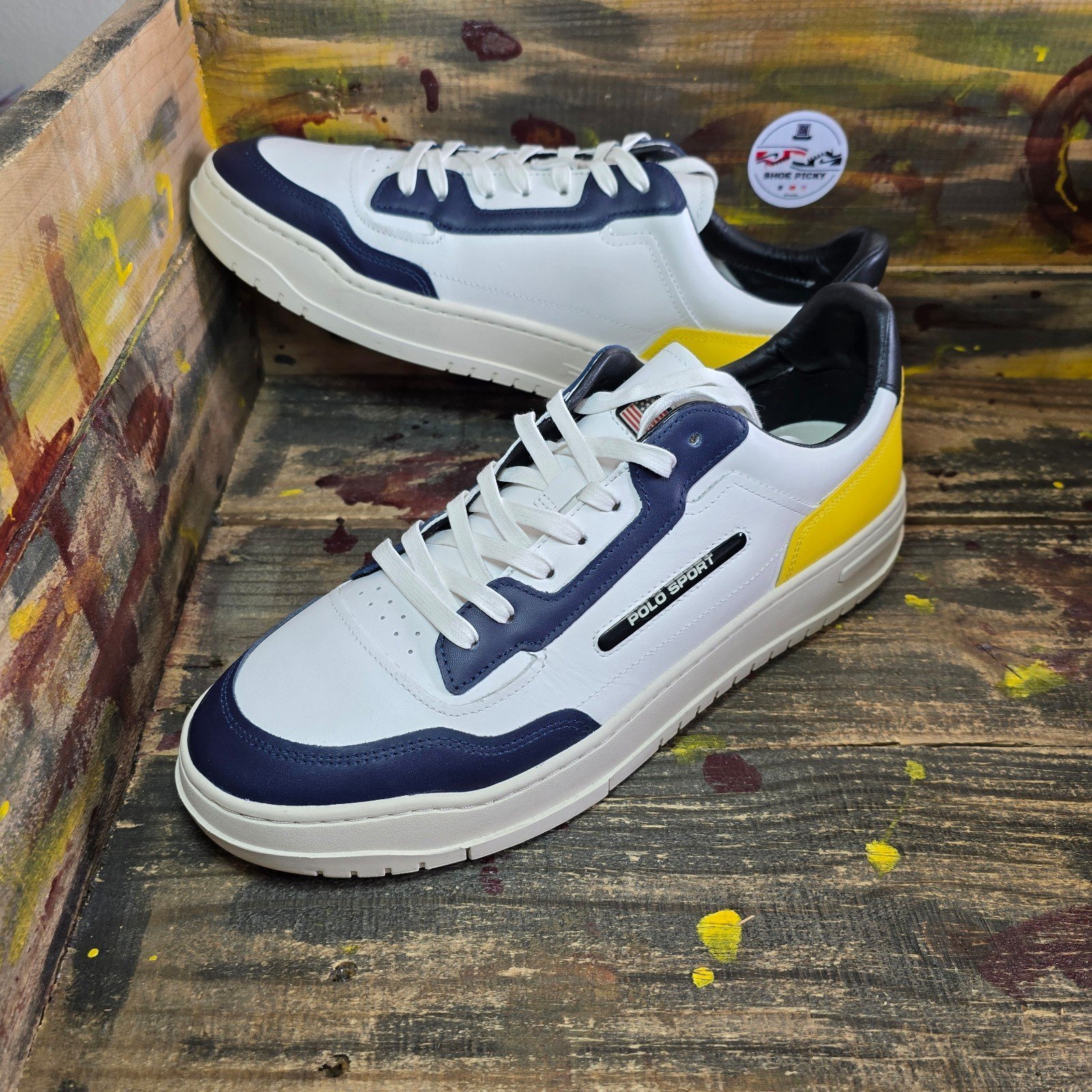 Men Polo Ralph Lauren PS 300 -SK-LTL White Blue Yellow Leather Sneakers size 13
