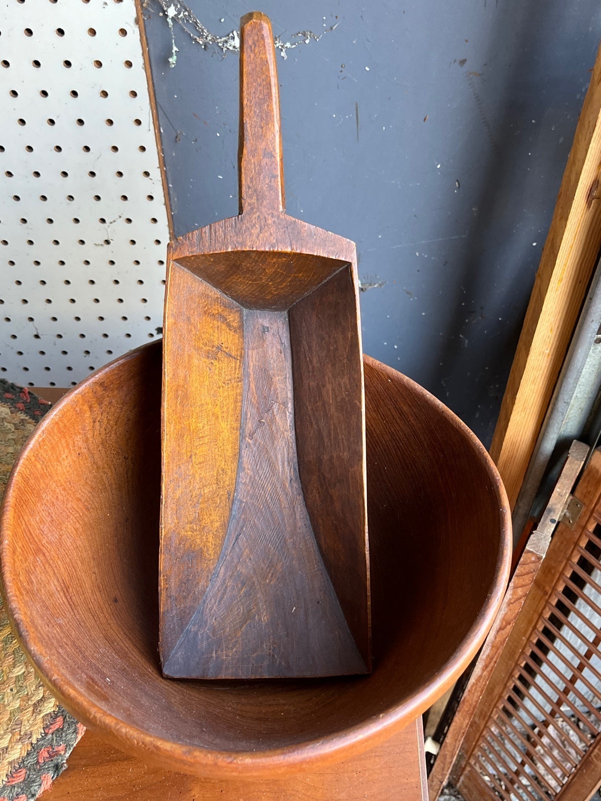 Primitive hand carved scoop signed very unique piece