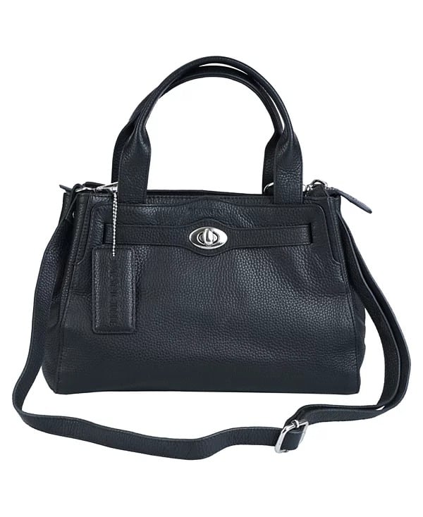 Mancini Pebbled Collection Genevieve Leather Top Zipper Handbag, Black