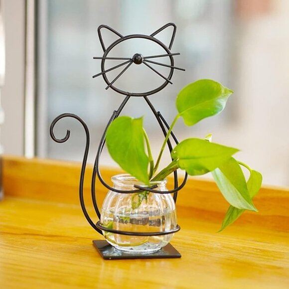 NEW Desktop Glass Planter Vase Holder,Metal Cat Plant Terrarium Stand for Plants
