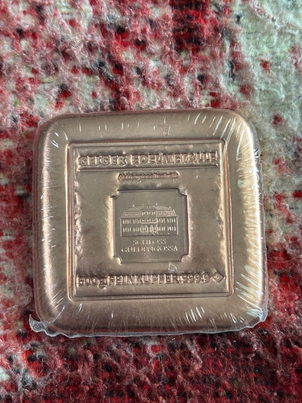 500g .9999 Fine Copper Bar Geiger Schloss Guldengossa 1/2 Kilo Bar