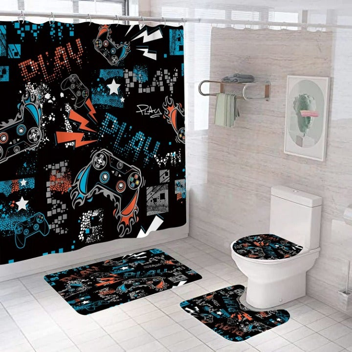 4 Pcs Play Game Shower Curtain Set, Classic Videogames Controller Bath Curtain