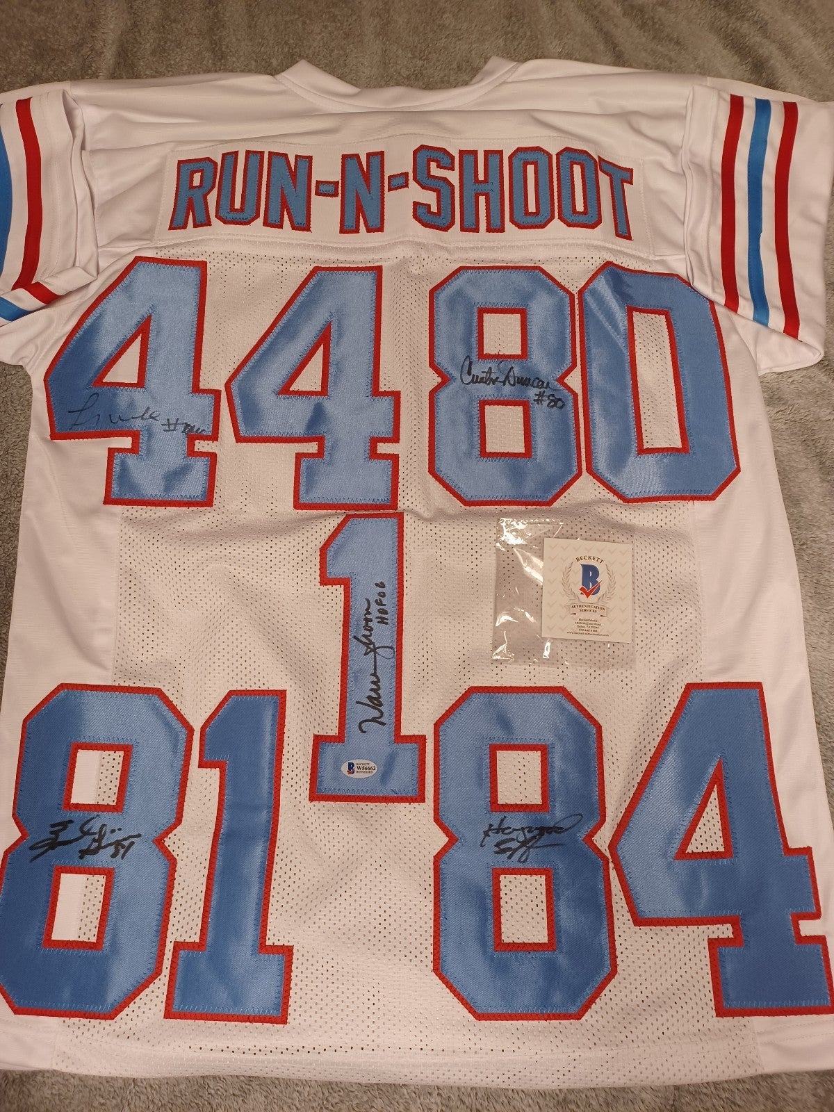 Autographed Houston Oilers jersey by 5 Warren Moon Jeffrey Duncan BECKETT COA