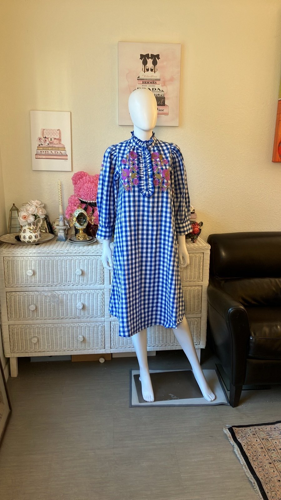 ANTIK BATIK Polly embroidered gingham cotton midi dress in blue white colors XS