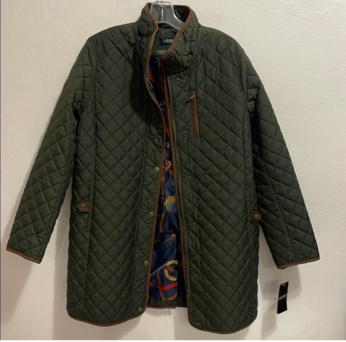 Lauren Ralph Lauren Green Quilted Jacket with Brown Trim PXL