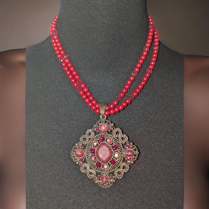 1976 Vintage Metal Filigree Red Beaded Turkish Style Necklace and Earring Set