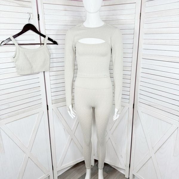 JoyLab Textured Seamless Three Piece Top Bra Leggings Set Beige Tan Small XS