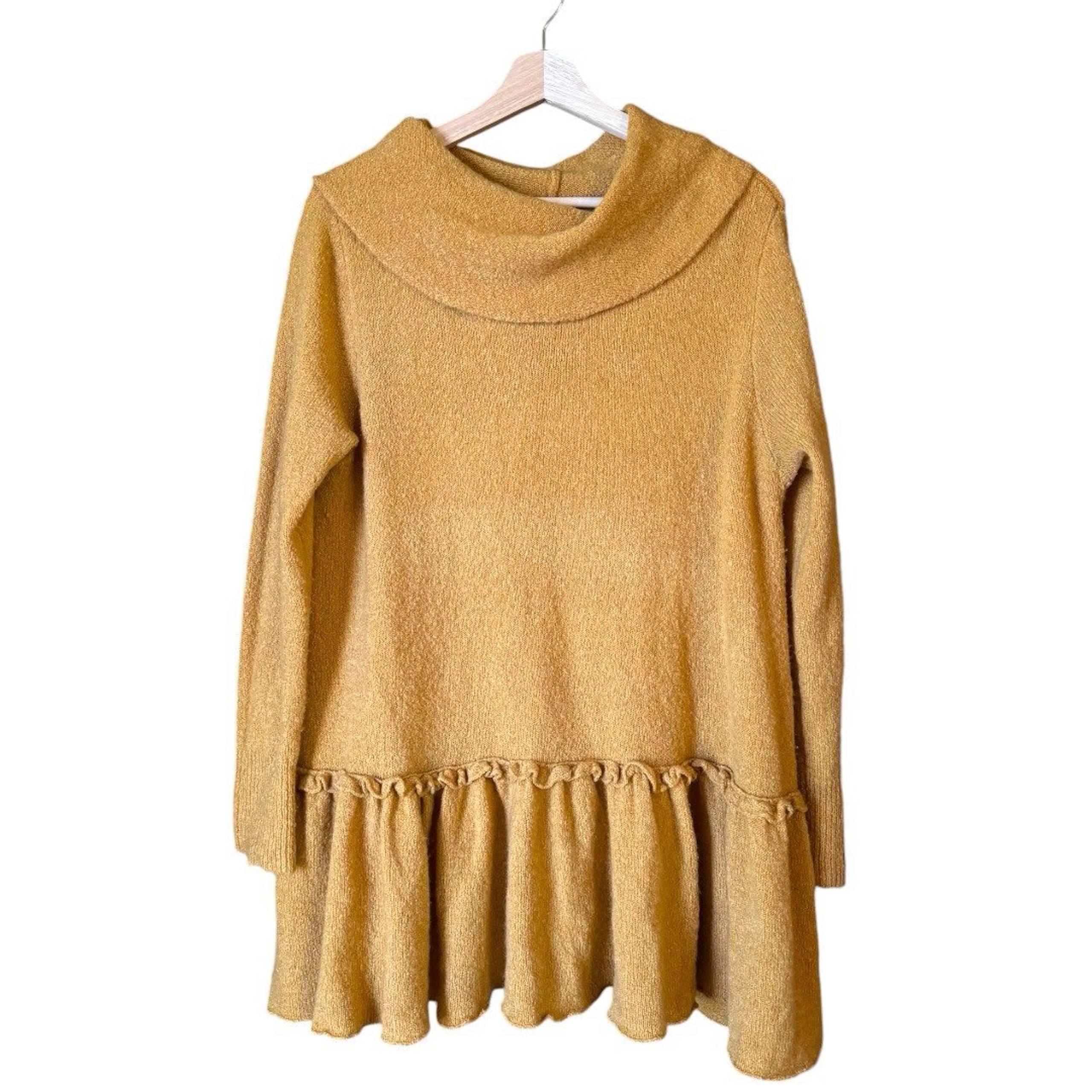 Umgee USA mustard Yellow golden Tunic peplum sweater cowl neck ruffle hem top