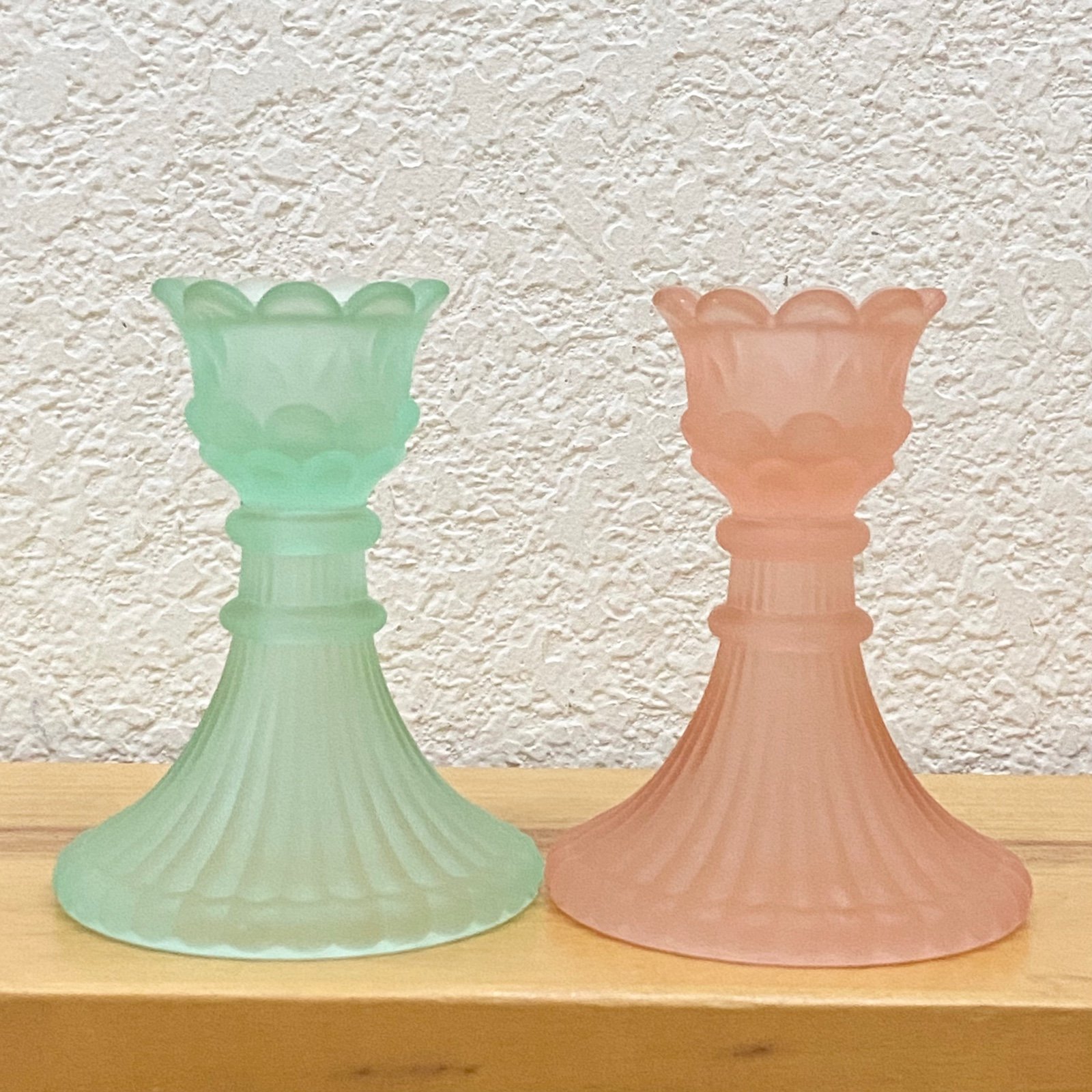 Vintage Frosted Glass Green & Pink Depression Glass 4” Candle Holder