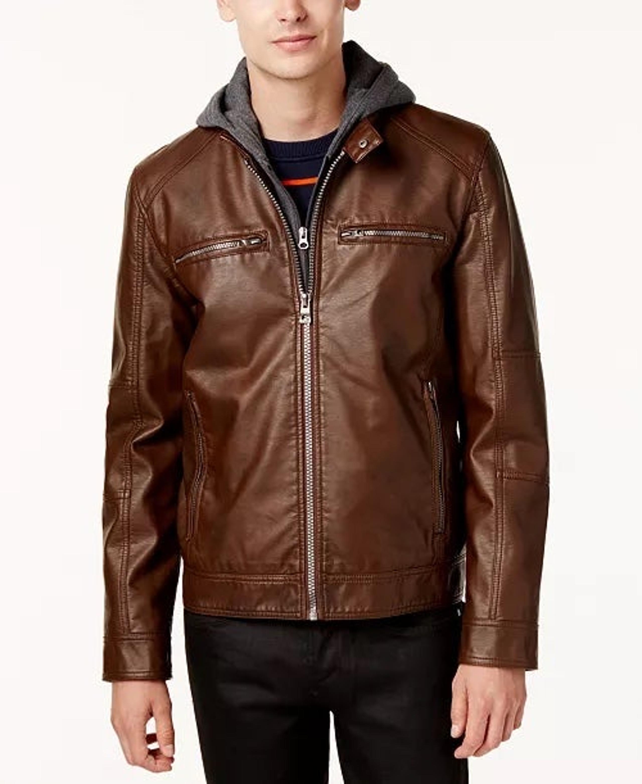 GUESS Men's Faux-Leather Detachable-Hood Motorcycle Jacket Size L